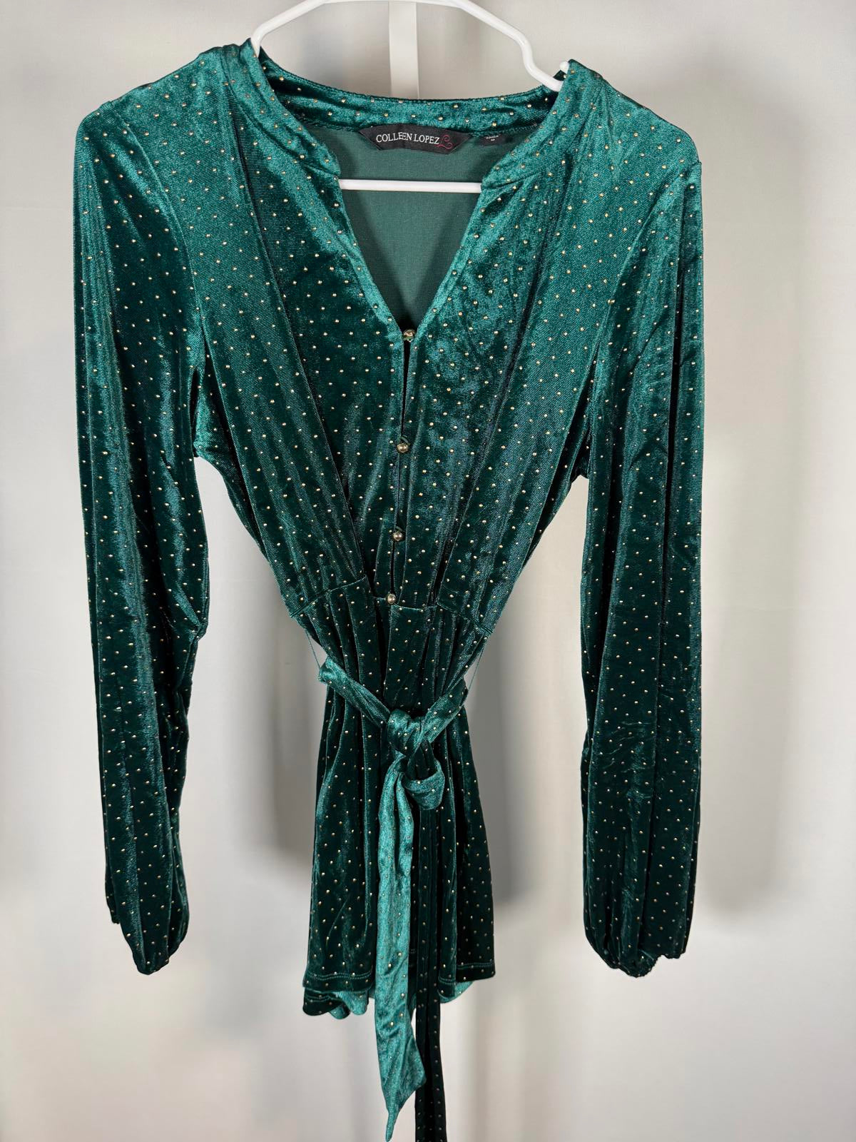 NWT Colleen Lopez Green Velvet Studded Belted Peplum Blouse Size Medium