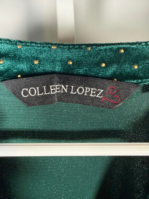 Colleen Lopez Green Velvet Studded Belted Peplum Blouse Size Medium