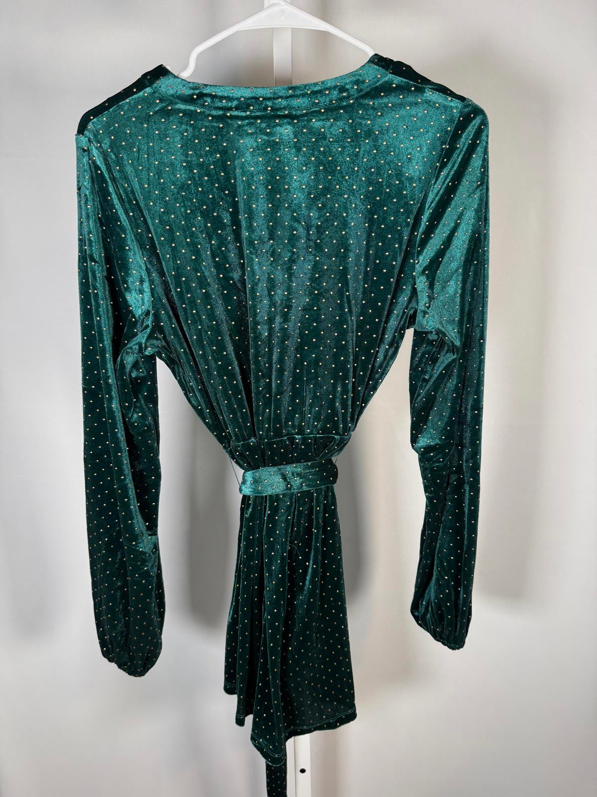 NWT Colleen Lopez Green Velvet Studded Belted Peplum Blouse Size Medium