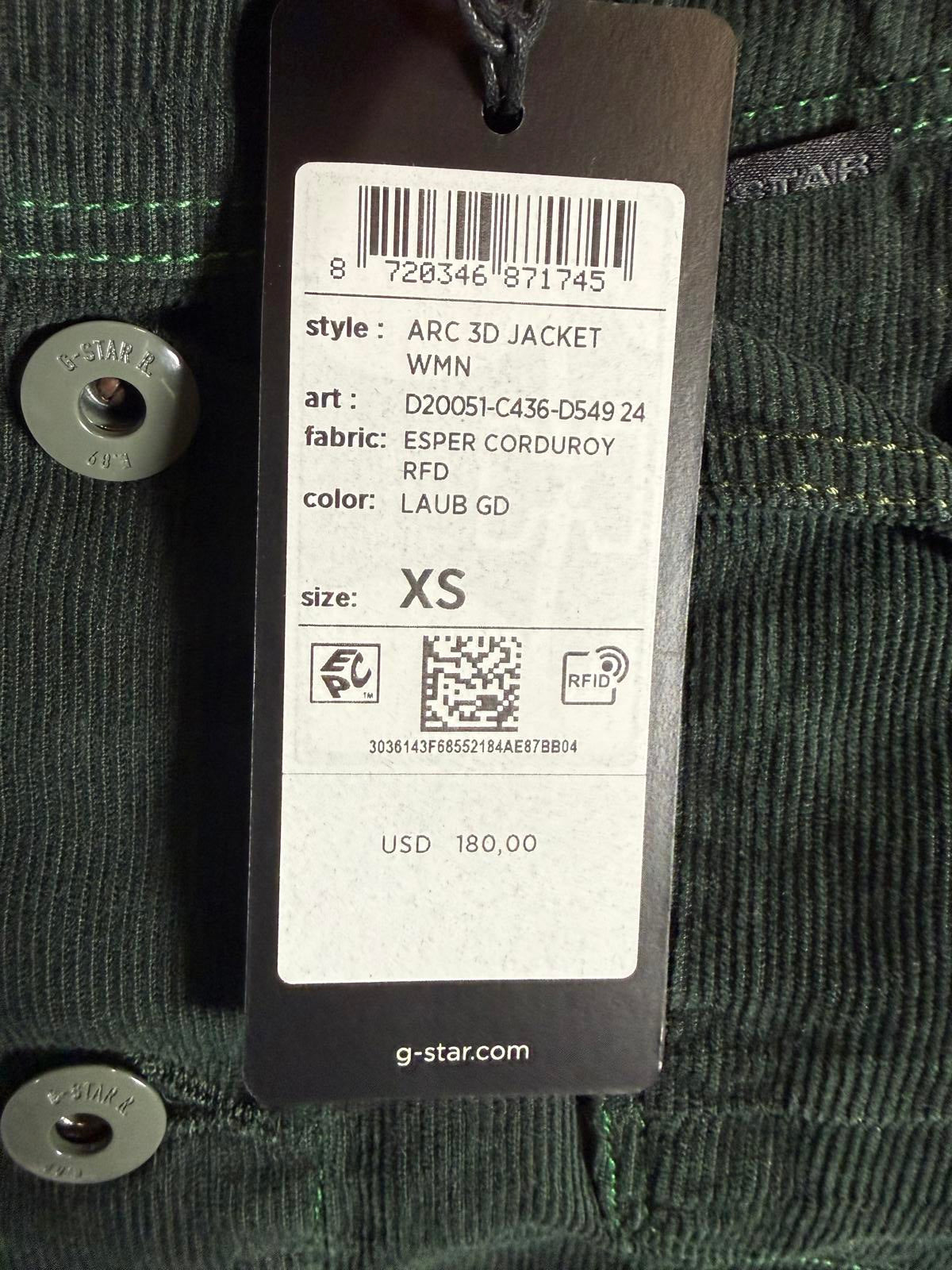 NWT G-Star Raw Arc 3D Corduroy Jacket LAUB GD Green Size XS