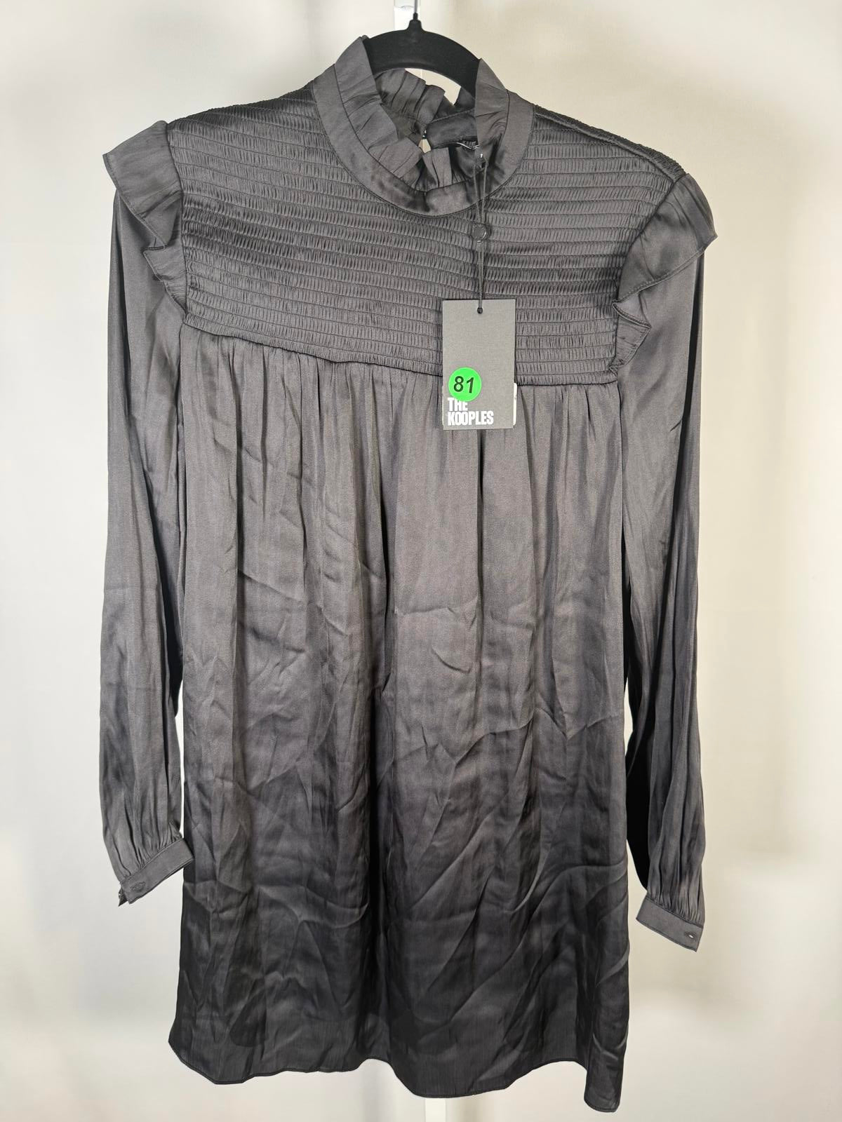The Kooples Black Smocked High Neck Mini Dress Long Sleeve US Small NWT