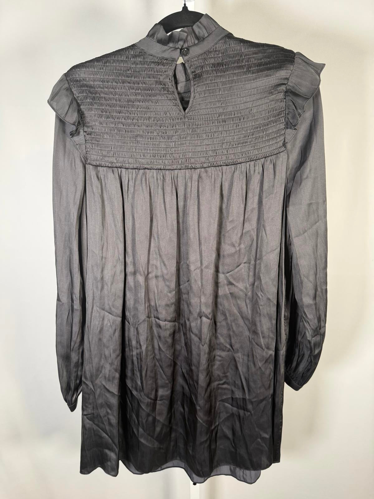 The Kooples Black Smocked High Neck Mini Dress Long Sleeve US Small NWT