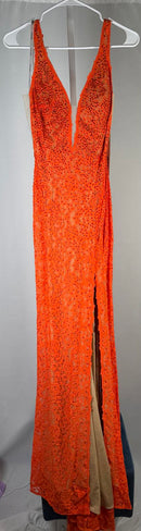 NWT Jovani 08674 Orange Nude Lace Plunging Neck Dress Size 0 Formal Prom Gown