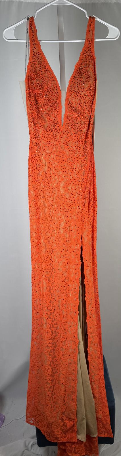 NWT Jovani 08674 Orange Nude Lace Plunging Neck Dress Size 0 Formal Prom Gown