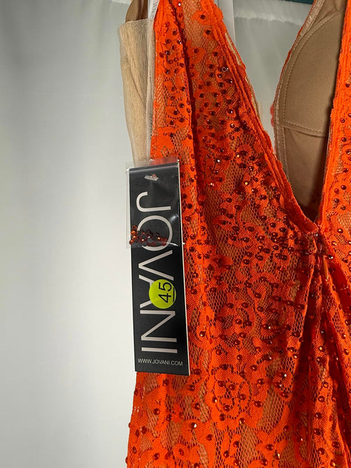 NWT Jovani 08674 Orange Nude Lace Plunging Neck Dress Size 0 Formal Prom Gown