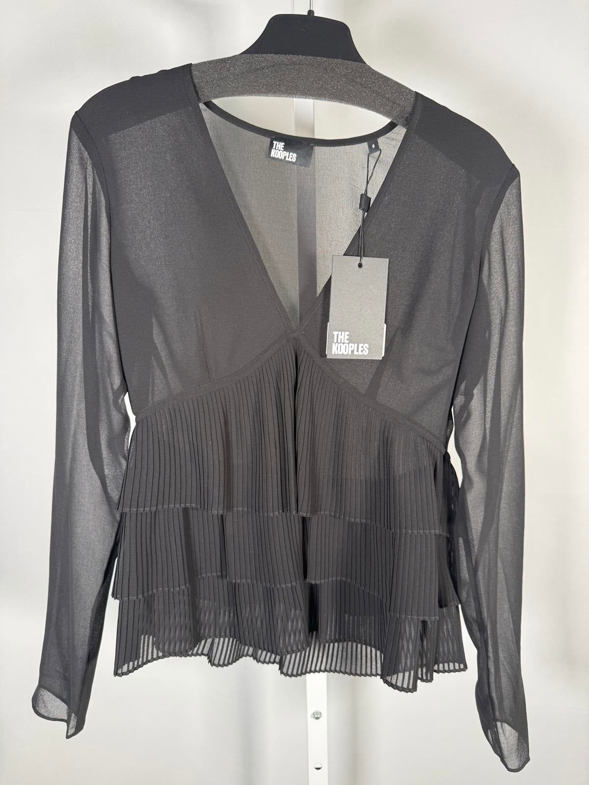 The Kooples Pleated Sheer Ruffle Blouse Black US XS FR 0 NWT $215