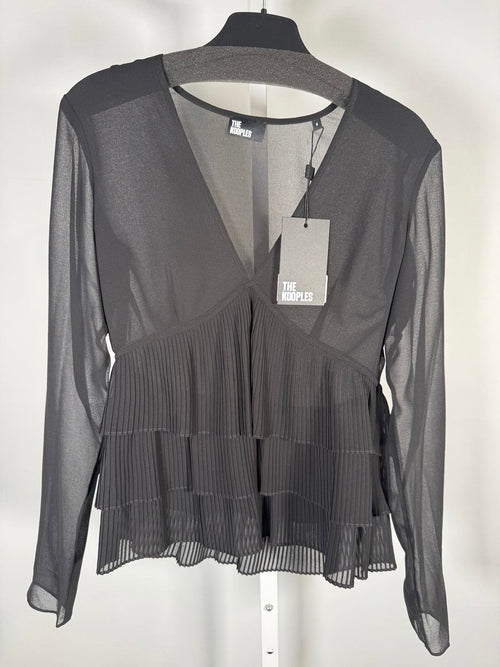 The Kooples Pleated Sheer Ruffle Blouse Black US XS FR 0 NWT $215