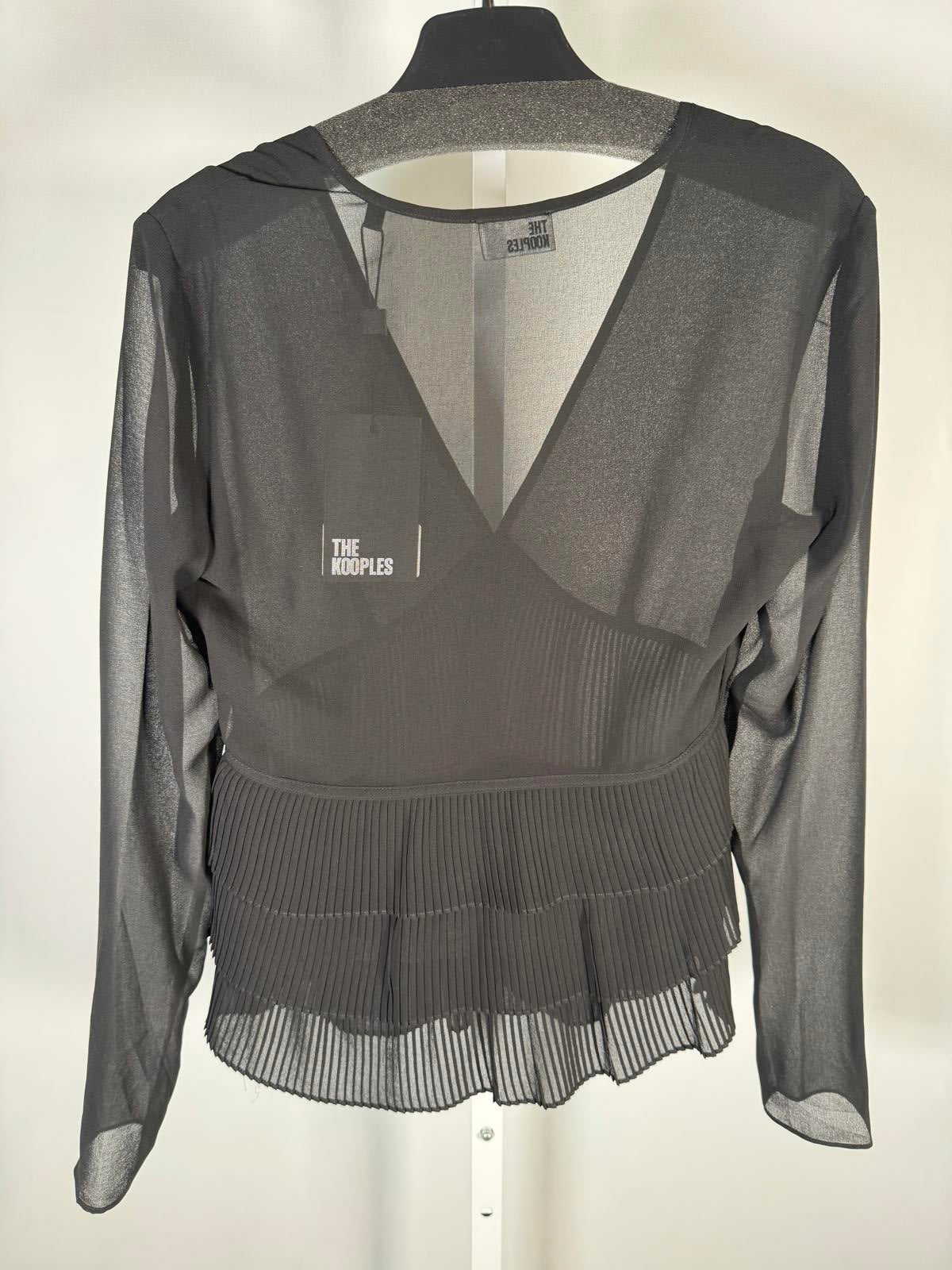 The Kooples Pleated Sheer Ruffle Blouse Black US XS FR 0 NWT $215