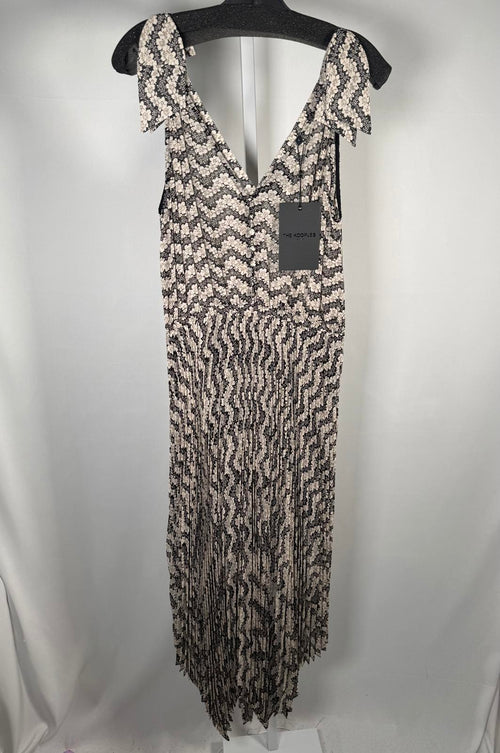 The Kooples Black Jasmin Floral Pleated Midi Dress US Large / Size 3 NWT $415
