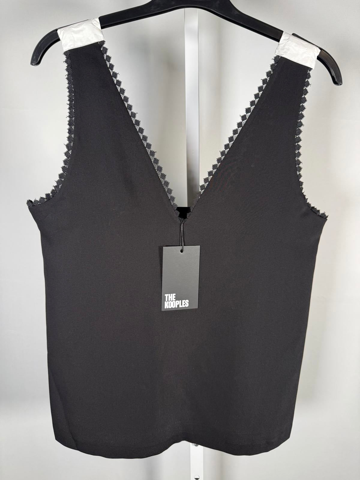 The Kooples Black Lace Trim V-Neck Tank Top US Size Small / FR 1 NWT $165