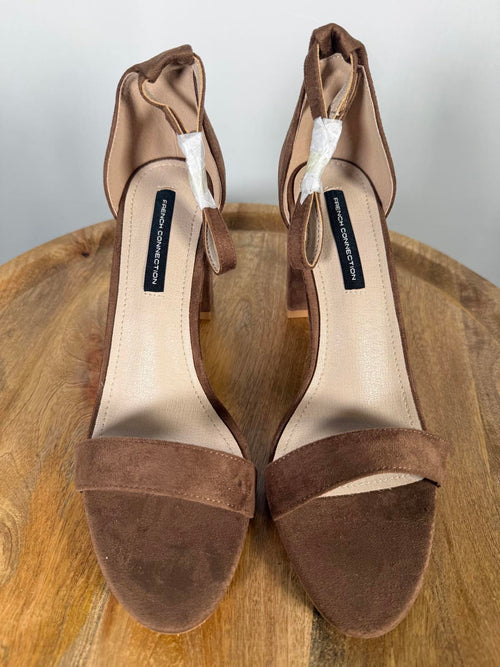 French Connection Brown Suede Ankle Strap Block Heel Sandals US 9 / EU 40 NWB
