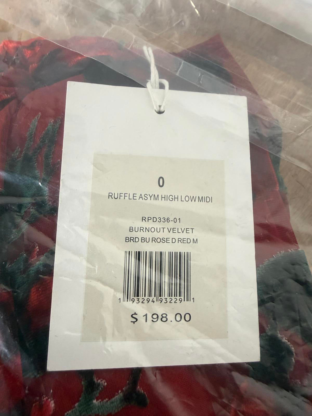 NWT Rachel Parcell Burnout Velvet Ruffle High Low Midi Dress Rose Red Size 0