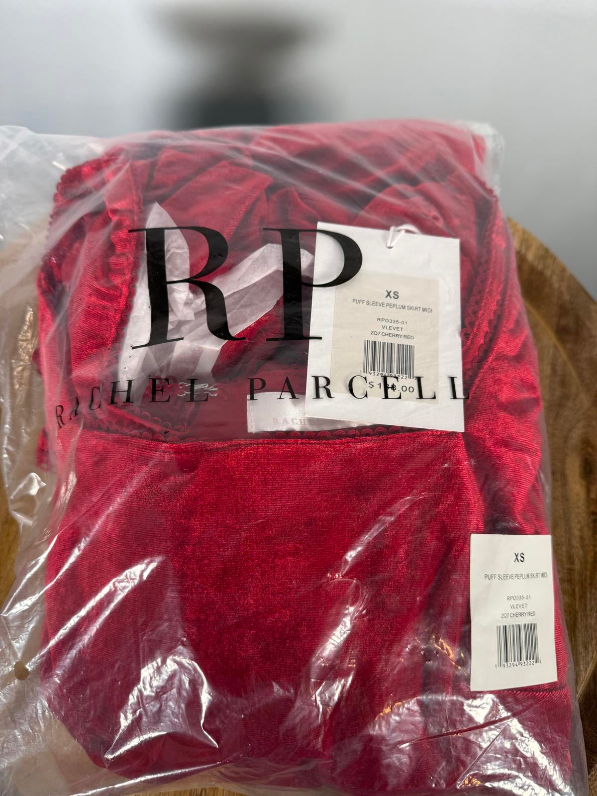 NWT Rachel Parcell Cherry Red Velvet Puff Sleeve Peplum Midi Dress Size XS