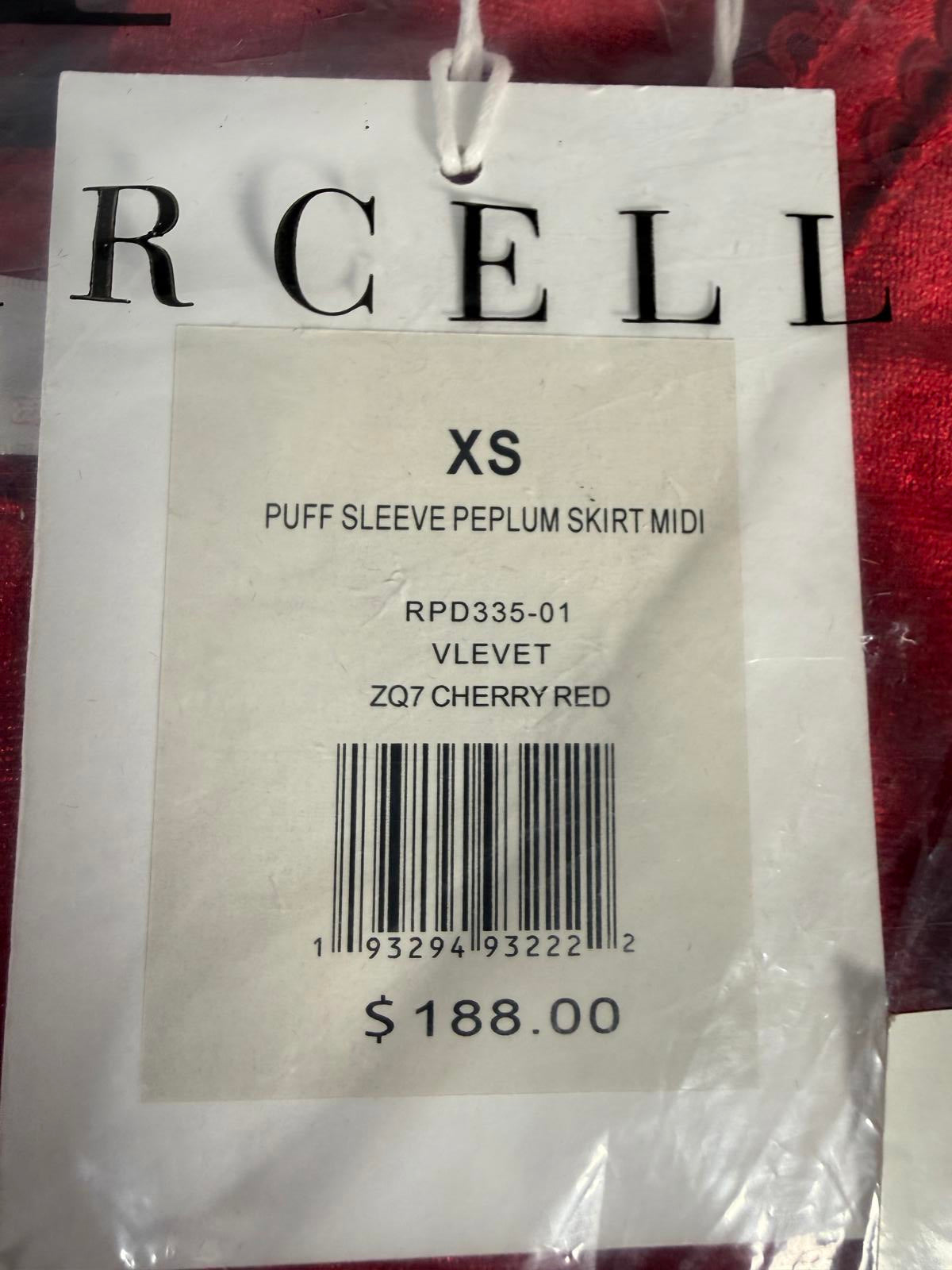 NWT Rachel Parcell Cherry Red Velvet Puff Sleeve Peplum Midi Dress Size XS