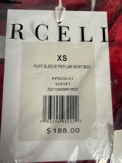 NWT Rachel Parcell Cherry Red Velvet Puff Sleeve Peplum Midi Dress Size XS