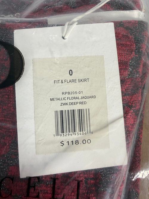 NWT Rachel Parcell Metallic Floral Jacquard Fit & Flare Skirt Deep Red Size 0