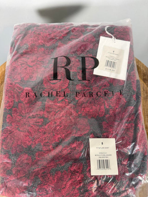 NWT Rachel Parcell Metallic Floral Jacquard Fit & Flare Skirt Deep Red Size 8