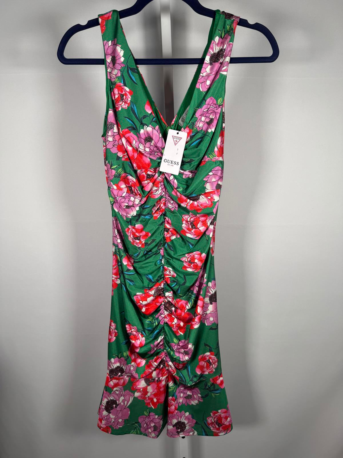NWT GUESS Green Floral Ruched Sleeveless Mini Dress Size 6