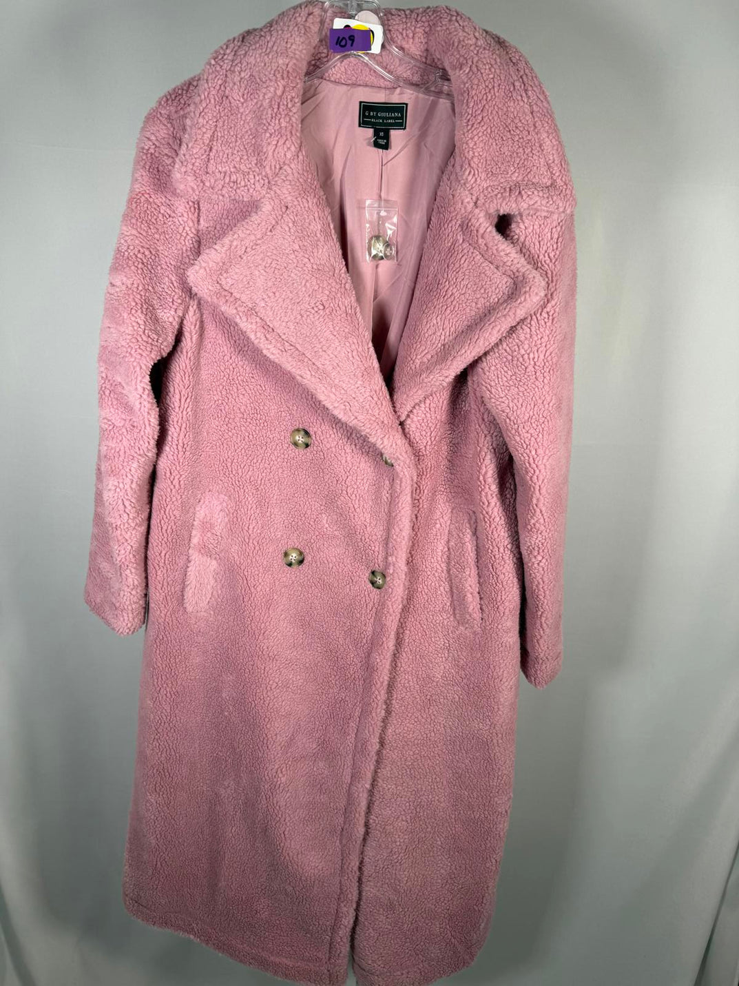G by Giuliana Black Label Teddy Coat Lilac Pink Double Breasted Size XS NWT