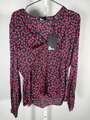The Kooples Daisy Dots Silk Blouse Size US Large FR 3 Black Pink NWT $215