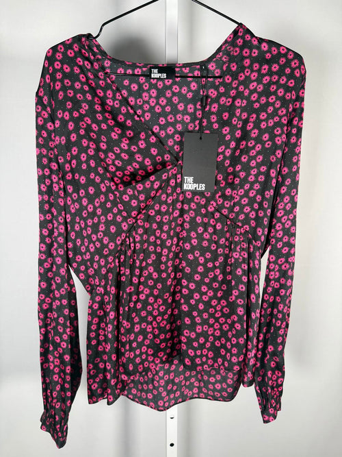 The Kooples Daisy Dots Silk Blouse Size US Large FR 3 Black Pink NWT $215