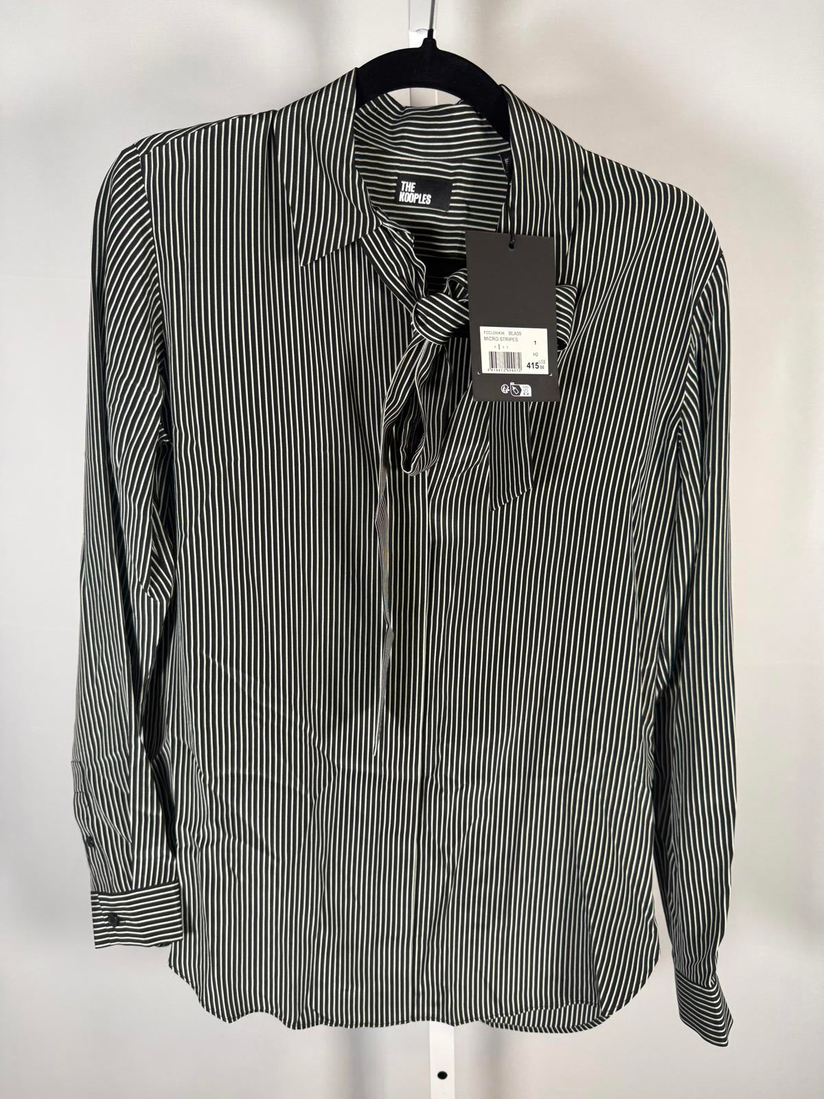 The Kooples Micro Striped 100% Silk Tie-Neck Blouse Size US S / FR 1 $415 NWT
