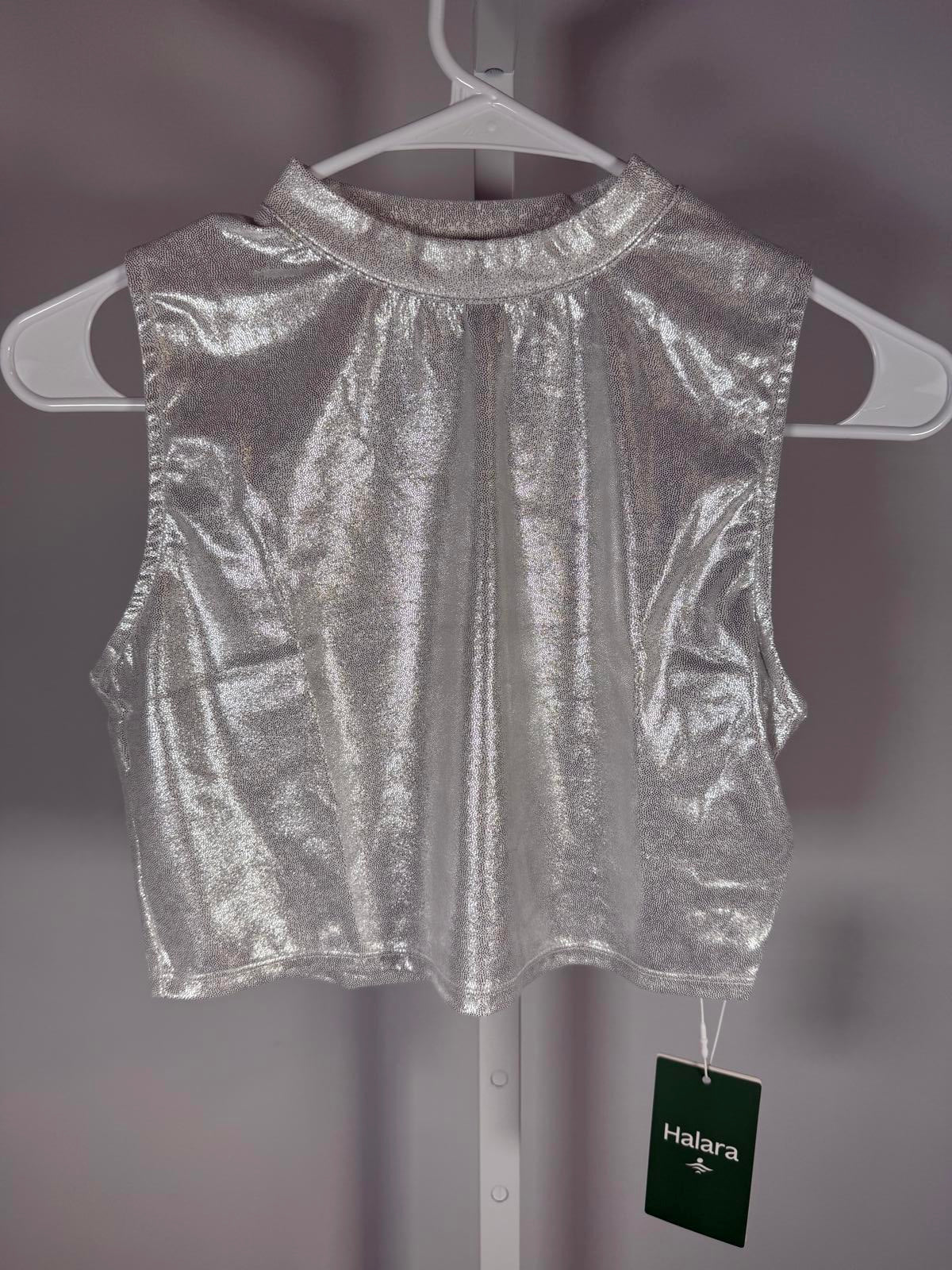 NWT Halara Metallic Silver Mock Neck Sleeveless Crop Top Women’s Size Small