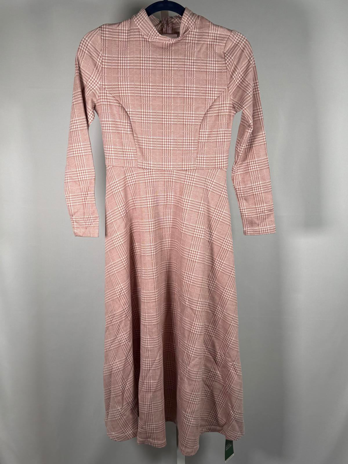 NWT Halara High Neck Houndstooth Plaid Long Sleeve Midi Work Dress Pink - Small