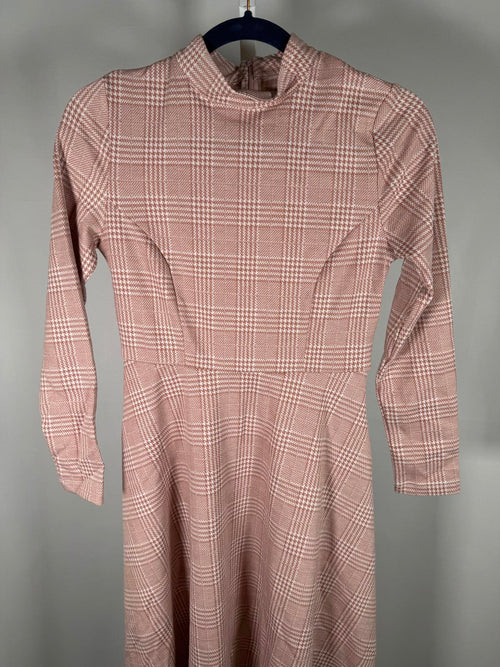 NWT Halara High Neck Houndstooth Plaid Long Sleeve Midi Work Dress Pink XS