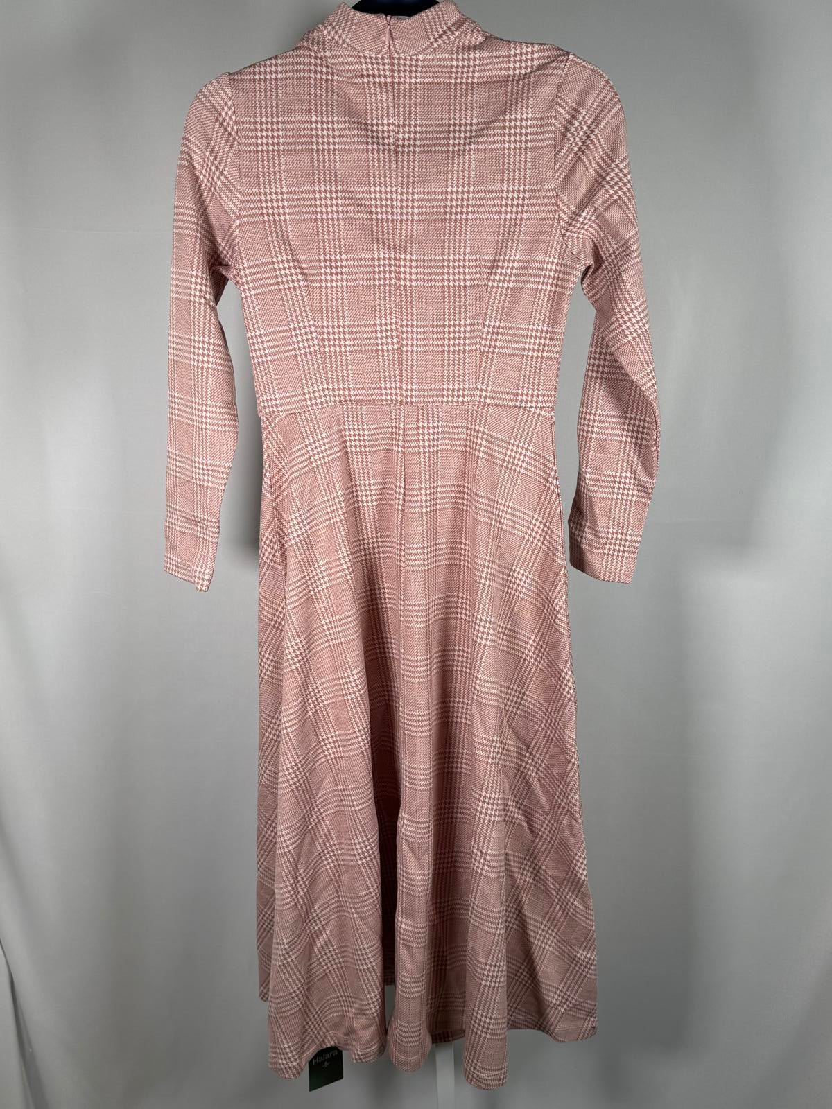 NWT Halara High Neck Houndstooth Plaid Long Sleeve Midi Work Dress Pink XS