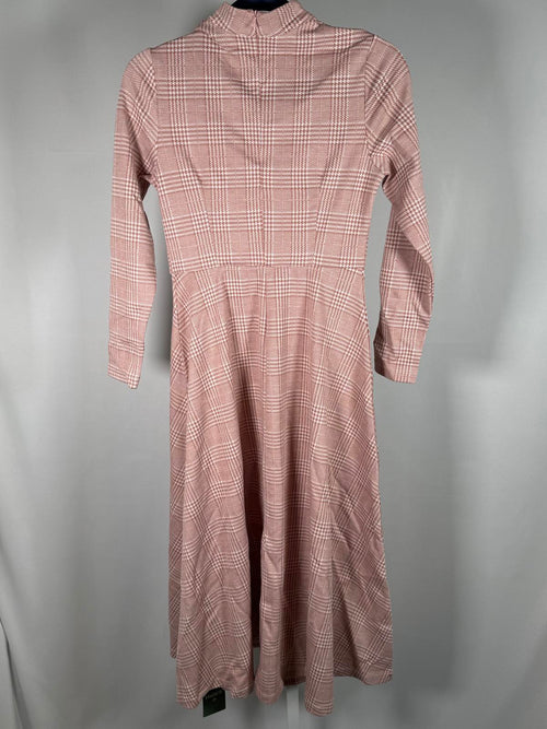 NWT Halara High Neck Houndstooth Plaid Long Sleeve Midi Work Dress Pink XS