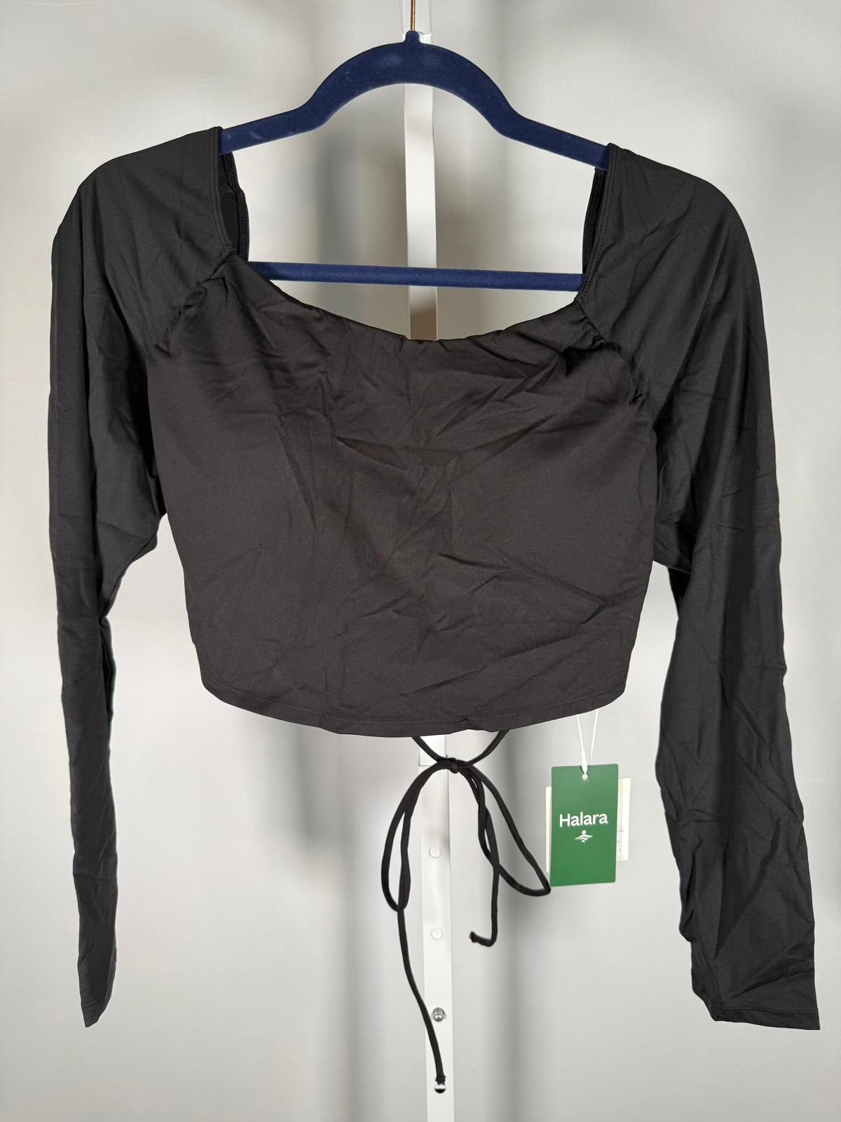 NWT Halara Softlyzero Airy Open Back Cropped Long Sleeve Top Black Size XL