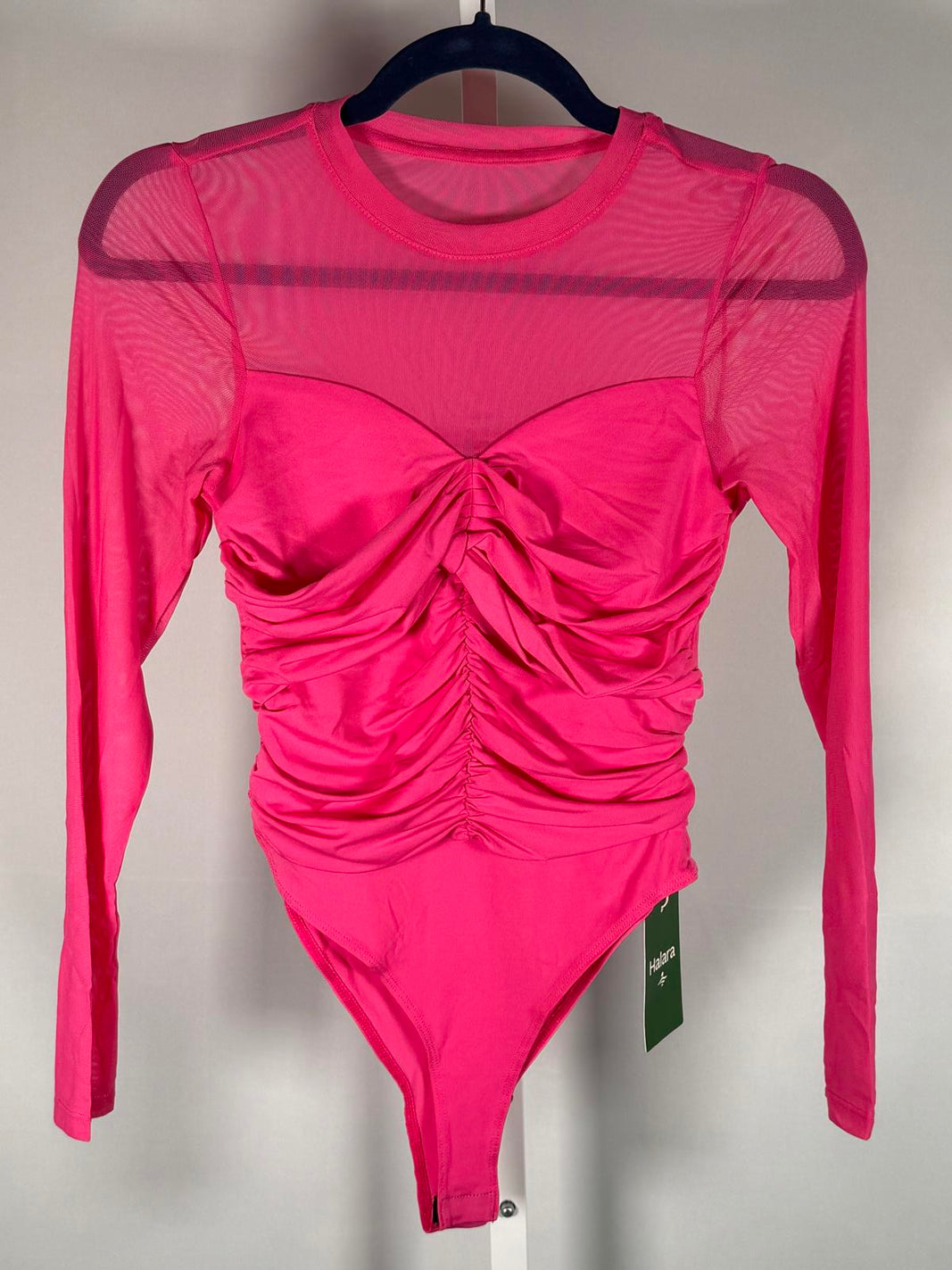 NWT Halara Pink Mesh Ruched Long Sleeve Bodysuit Size Small