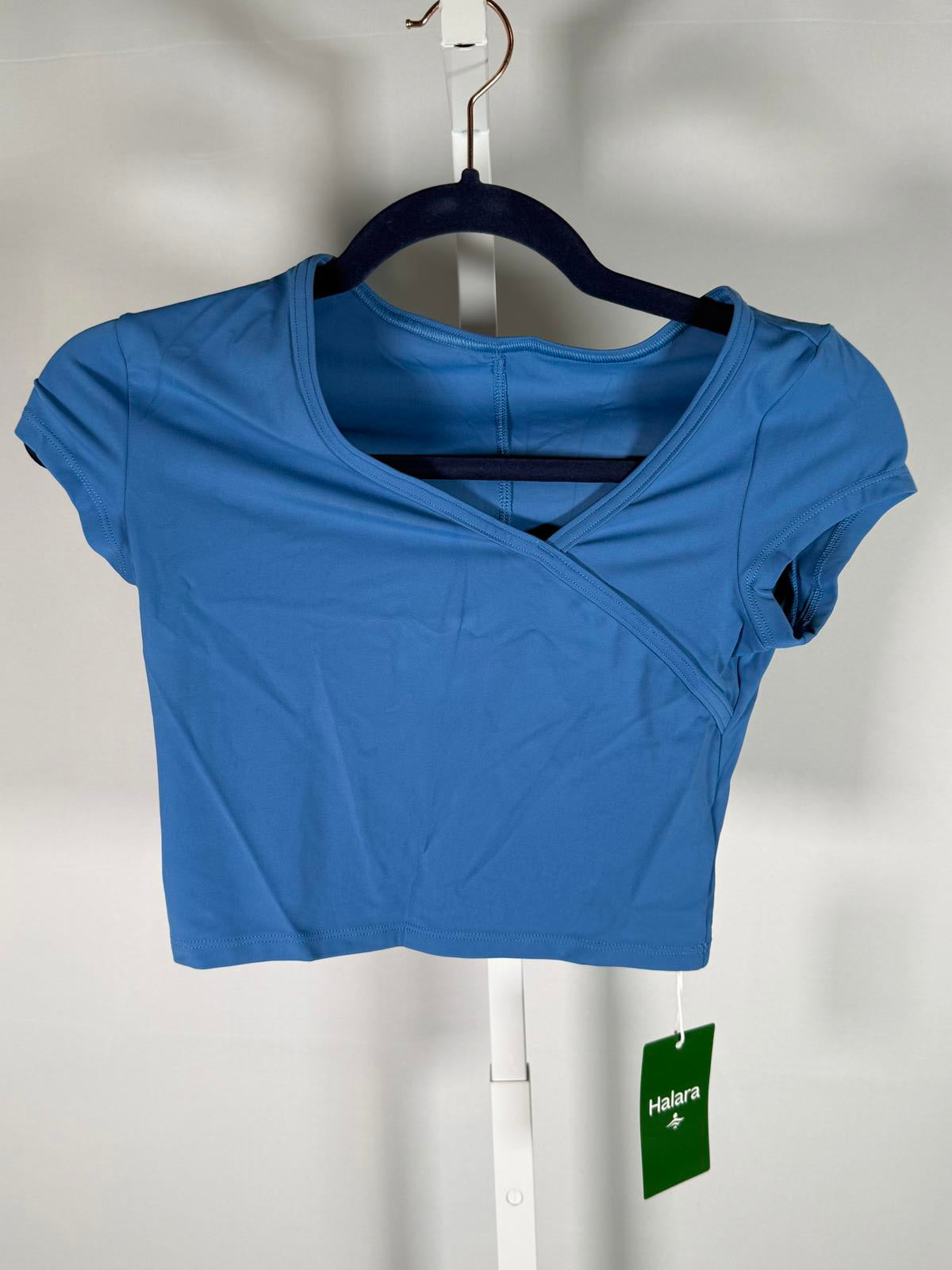 NWT Halara Blue Cropped Wrap Short Sleeve Top Size XS