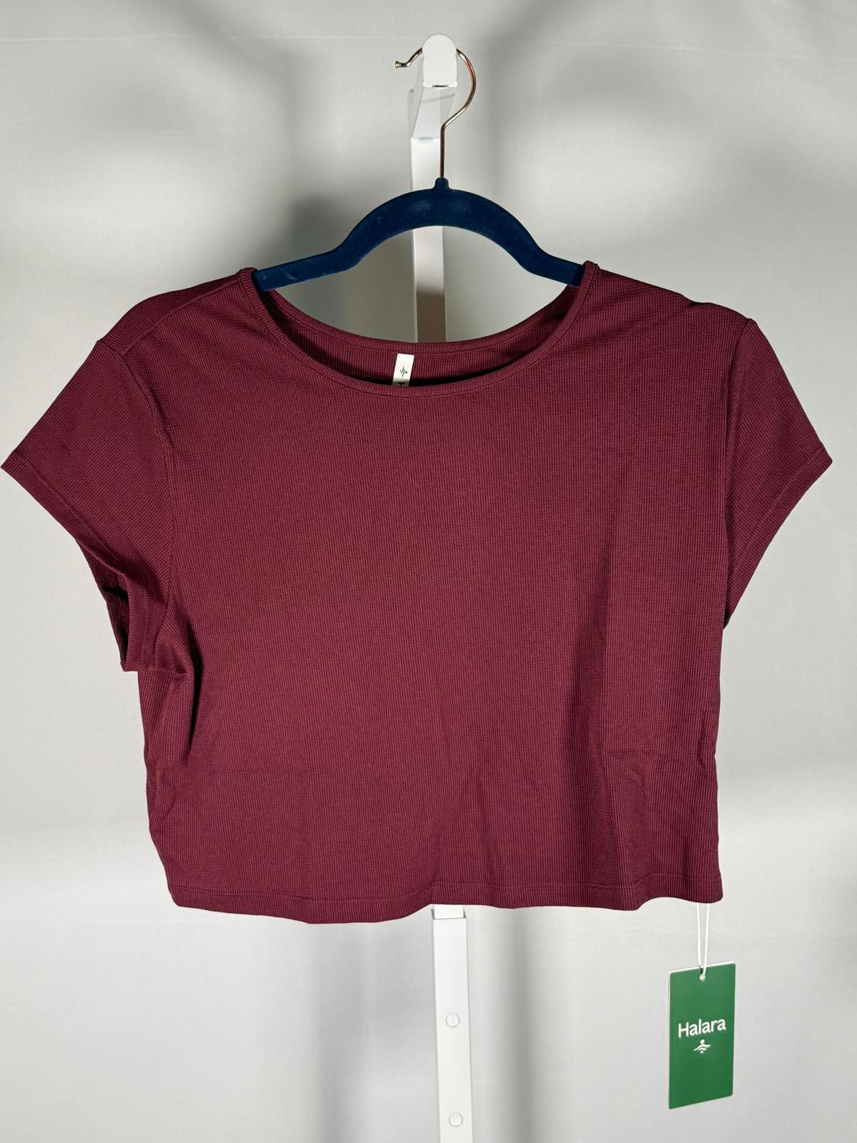 NWT Halara Cropped Short Sleeve Tee Burgundy Top Size Large
