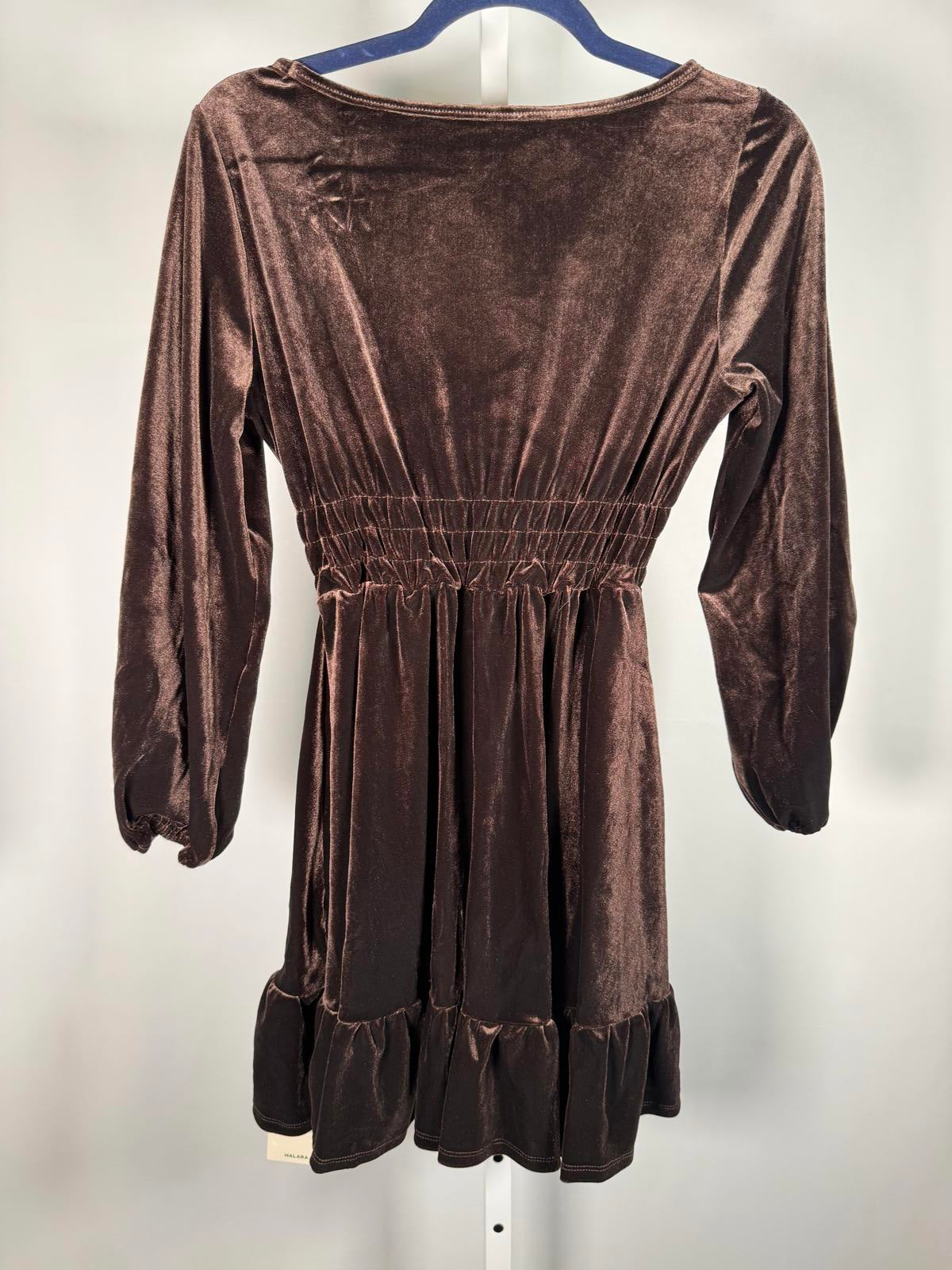 NWT Halara Brown Velvet Long Sleeve V-Neck Mini Dress Size XS