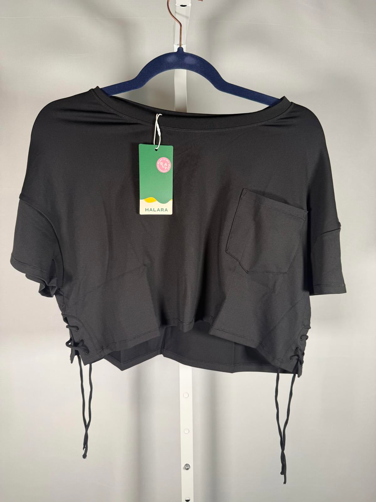 NWT Halara Cropped Pocket Tee Lace Up Side Black Size Medium