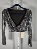 NWT Halara Metallic Wrap Crop Top Silver Long Sleeve Deep V Size Medium