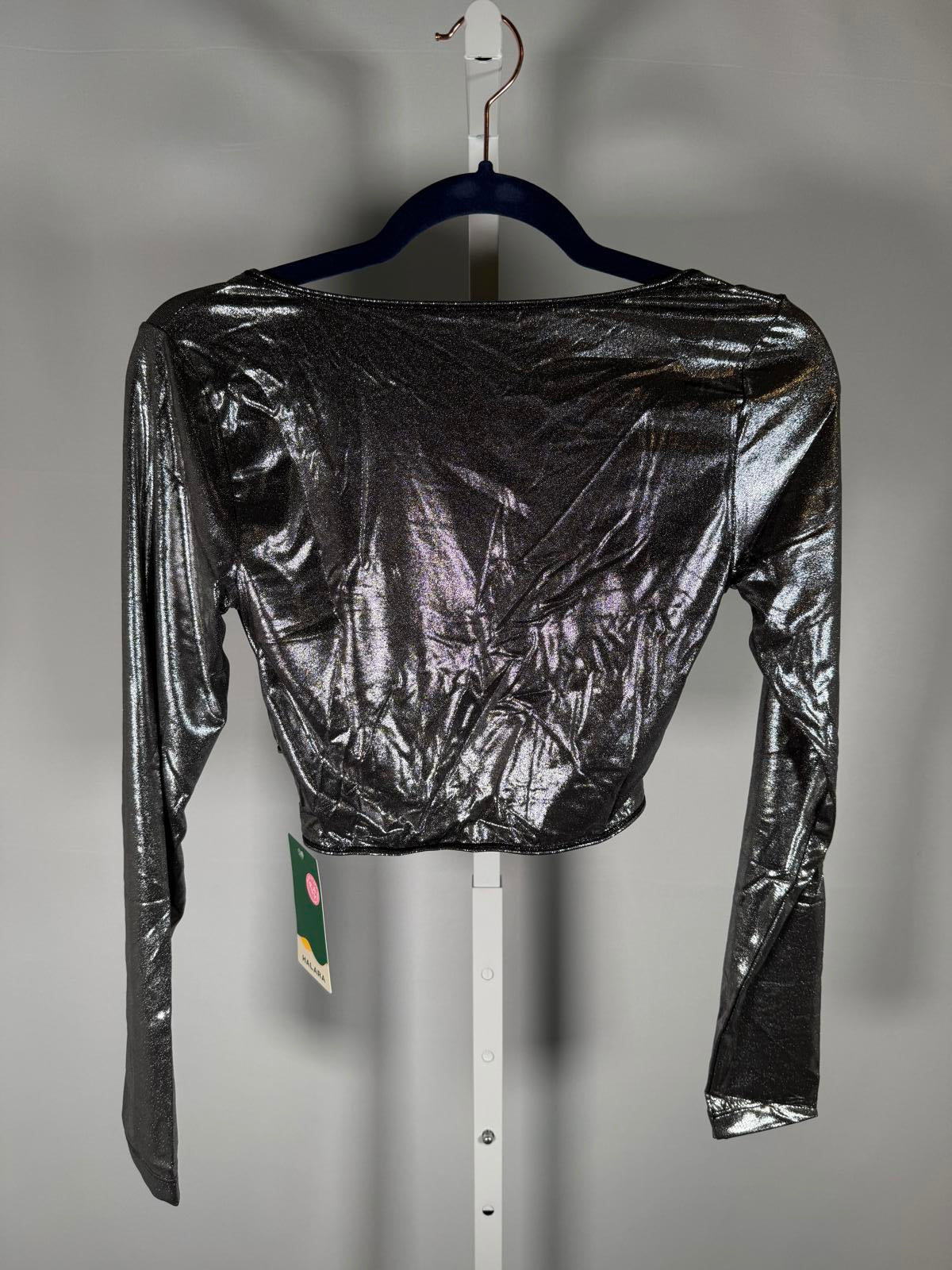 NWT Halara Metallic Wrap Crop Top Silver Long Sleeve Deep V Size Medium