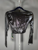 NWT Halara Metallic Wrap Crop Top Silver Long Sleeve Deep V Size Medium