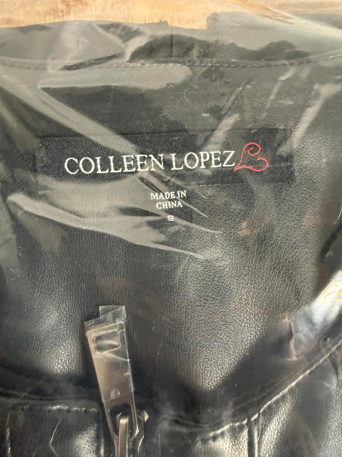 NWT Colleen Lopez Black Beaded Mesh Sleeve Faux Leather Moto Jacket Size Small