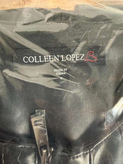 NWT Colleen Lopez Black Beaded Mesh Sleeve Faux Leather Moto Jacket Size Small