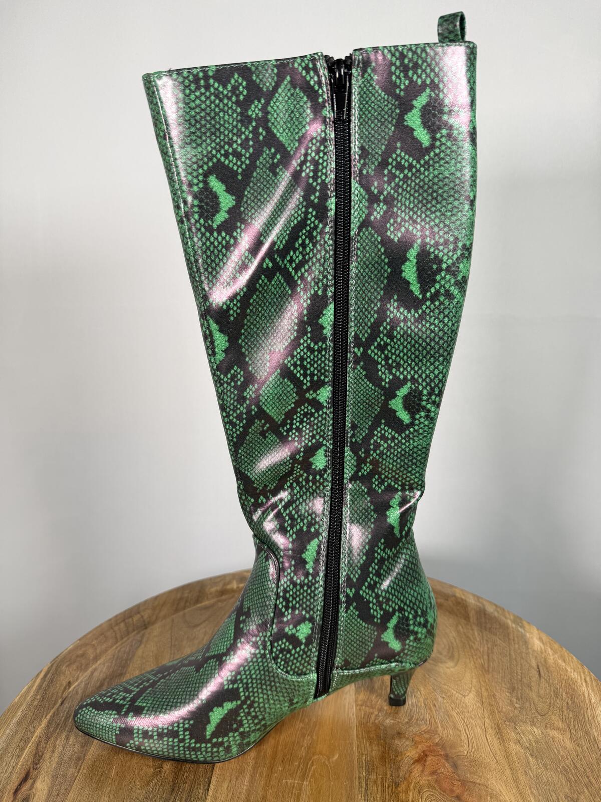 French Connection Green Snakeskin Heeled Boots Pointed Toe Size 6 NWB