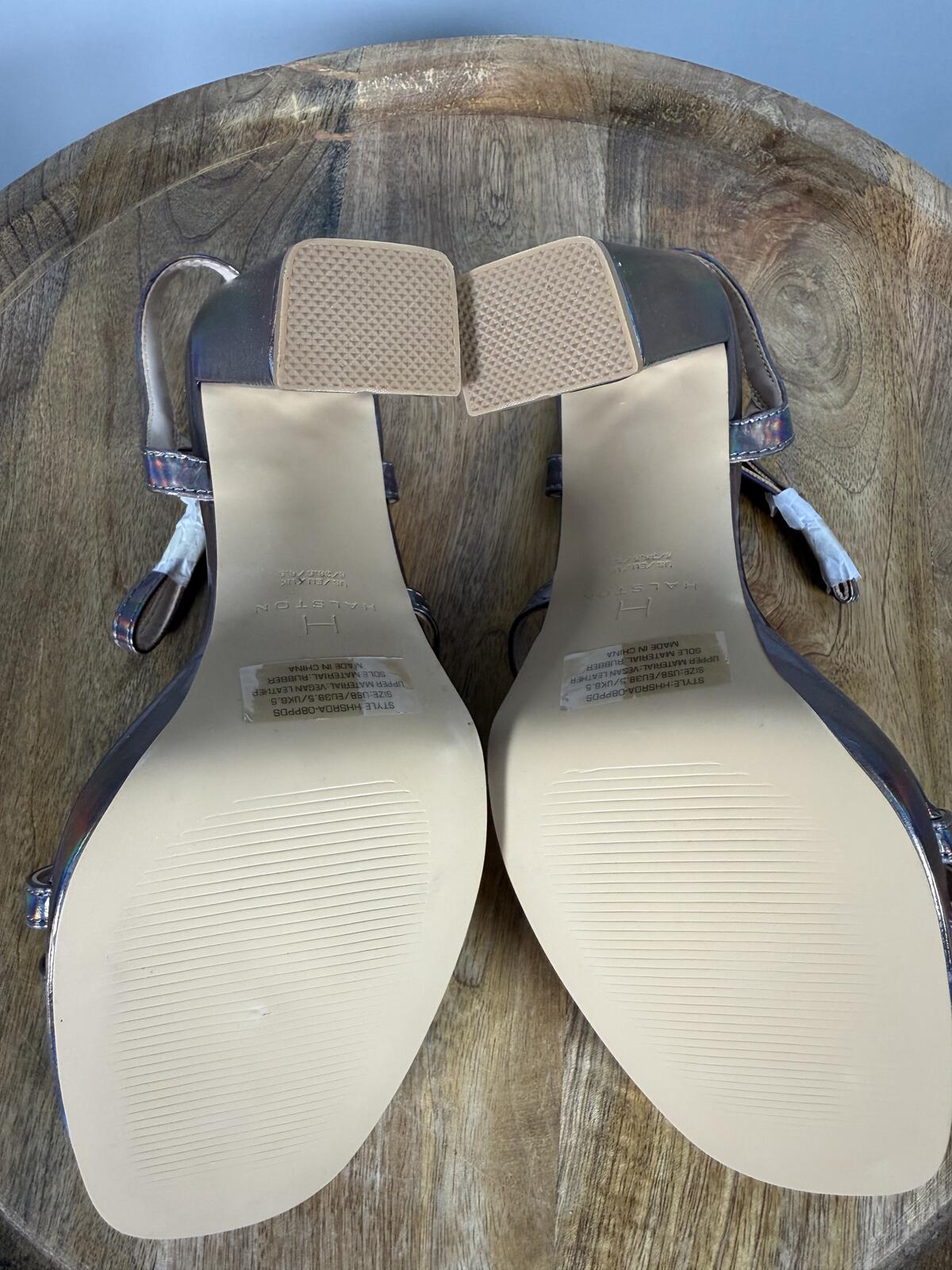 Halston Pewter Iridescent Platform Block Heel Sandals Ankle Strap Size 8 NWB