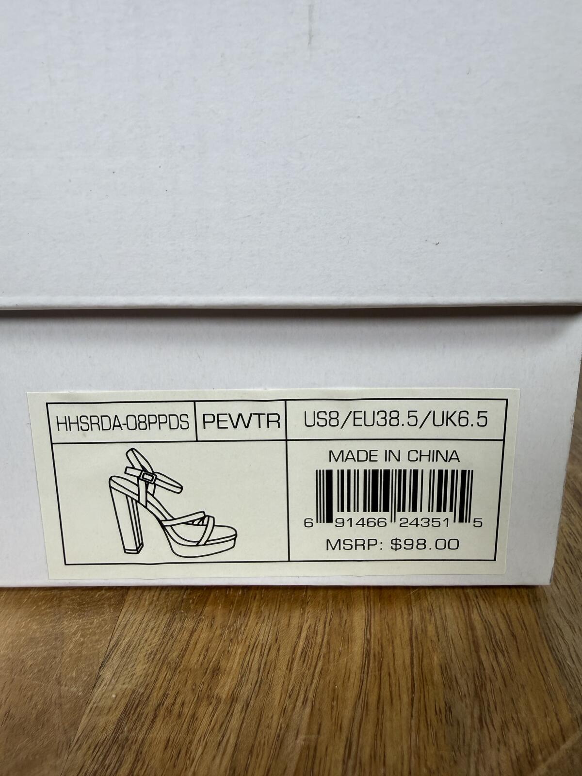 Halston Pewter Iridescent Platform Block Heel Sandals Ankle Strap Size 8 NWB