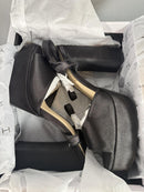 Halston Black Satin Platform Block Heel Sandals Ankle Strap Size 9 NWB