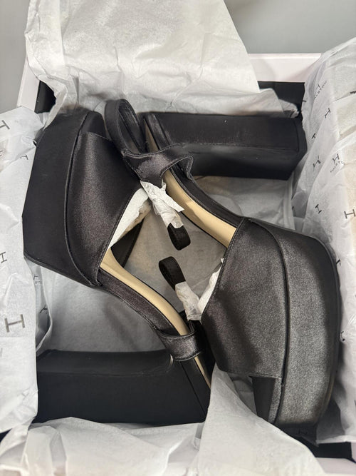 Halston Black Satin Platform Block Heel Sandals Ankle Strap Size 9 NWB