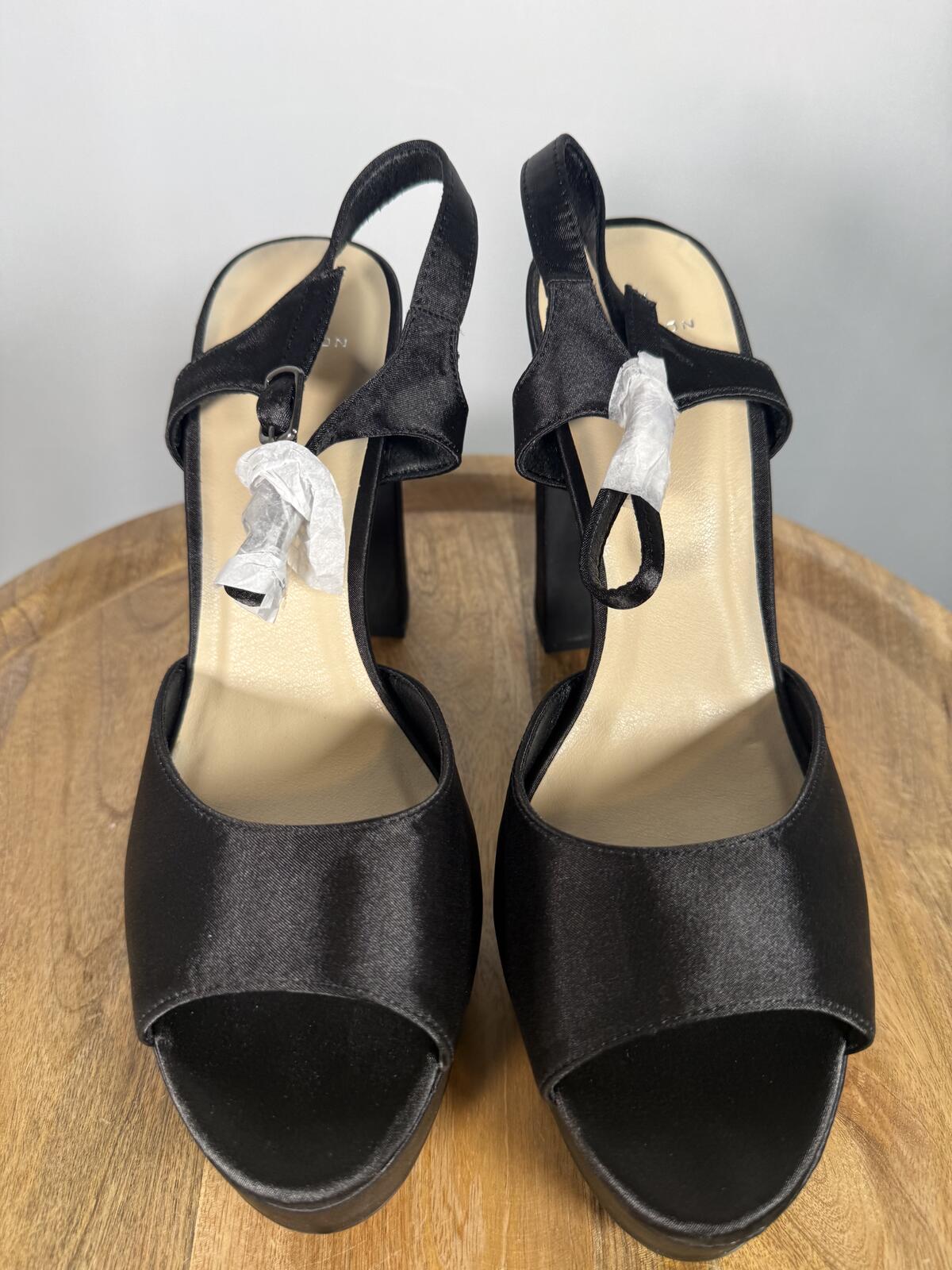 Halston Black Satin Platform Block Heel Sandals Ankle Strap Size 9 NWB