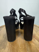 Halston Black Satin Platform Block Heel Sandals Ankle Strap Size 9 NWB