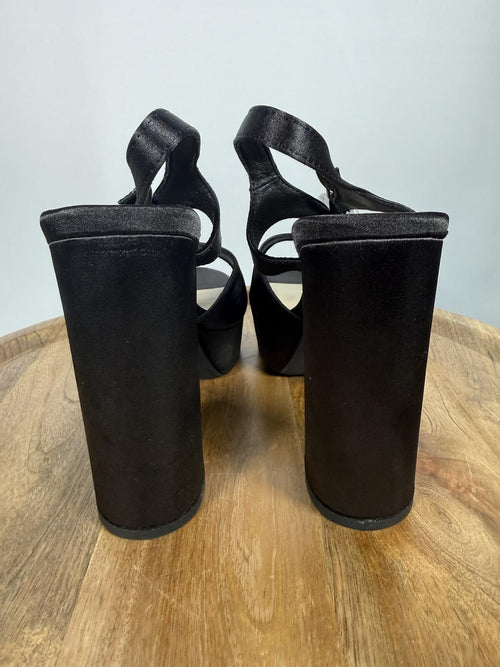Halston Black Satin Platform Block Heel Sandals Ankle Strap Size 9 NWB